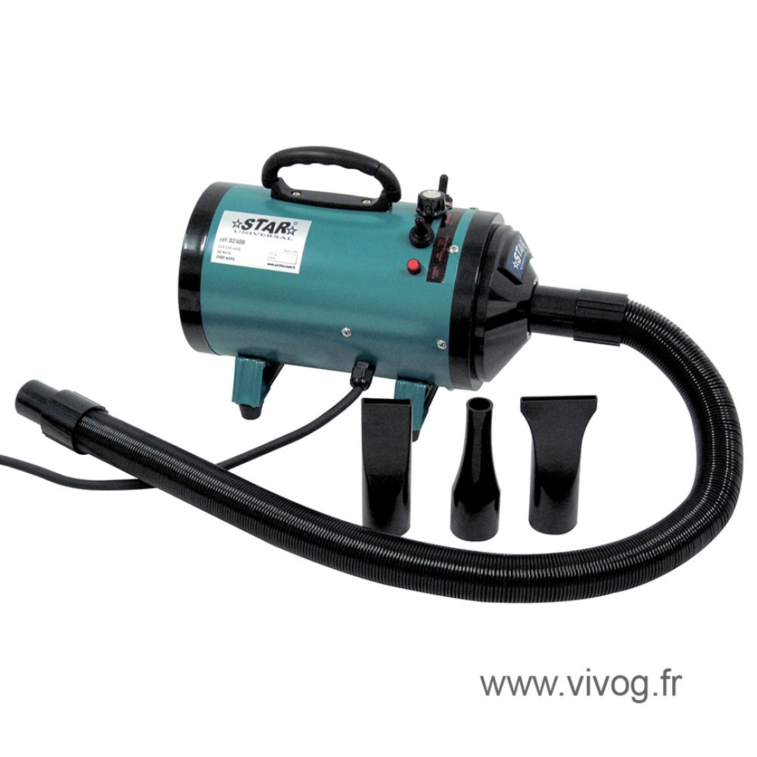 El secador expulsor Star Universal D2400 está diseñado para el secado de perros y gatos exclusivamente. Se suministra con: 1 manguera de largo, flexible y extensible 3 puntas intercambiables