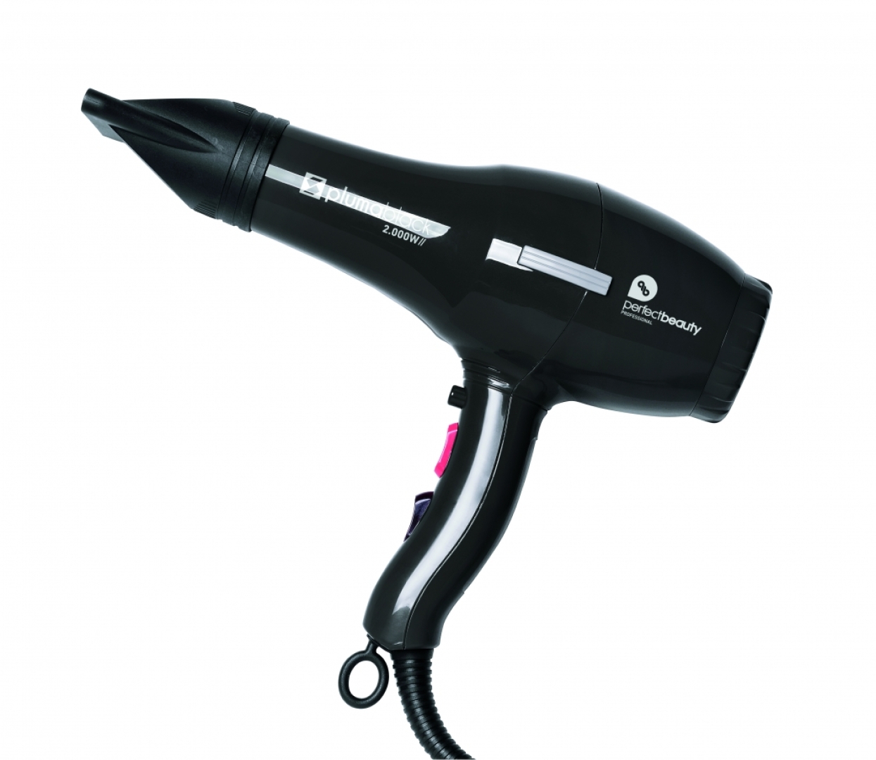 SECADOR PLUMA NEGRO Secador ligero, rápido y eficiente. Material fabricado de polipropileno, de alta densidad, ultraligero. Pesa 310g. (sin cable) 2 velocidades, 4 temperaturas. Voltage: 220/240V  Frecuencia: 50/60HZ  Potencia: 2000W