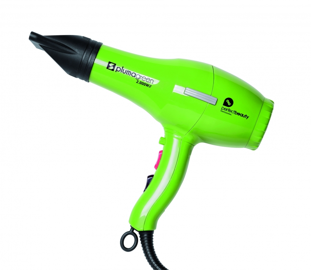 SECADOR PLUMA VERDE Secador ligero, rápido y eficiente. Material fabricado de polipropileno, de alta densidad, ultraligero. Pesa 310g. (sin cable) 2 velocidades, 4 temperaturas. Voltage: 220/240V  Frecuencia: 50/60HZ  Potencia: 2000W  