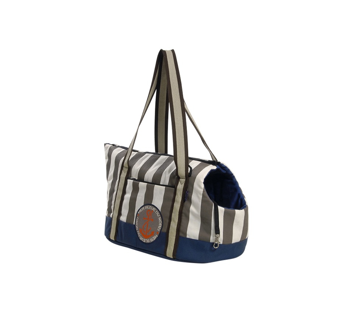 Bolso VOILE  AZUL Bolso de transporte, ligero y muy práctico para los paseos. ¡ Hermoso tejido rayado y escudete ancla para un aspecto ideal para el paseo marítimo! Composición : Tejido: el 20 % algodón el 80 % poliéster. Tejido rayado: el 100 % algodón Longitud       Anchura     Altura    40cm.          24cm.       27cm.